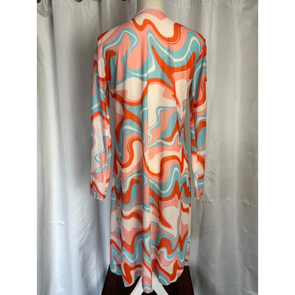 Retro Abstract Print Duster Cardigan Open Front Long Sleeve L - Picture 5 of 5